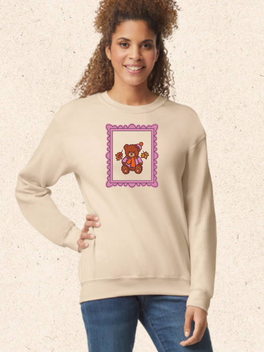 Embroidered Teddy Bear in Sweater & Scarf – Autumn Gildan Crewneck