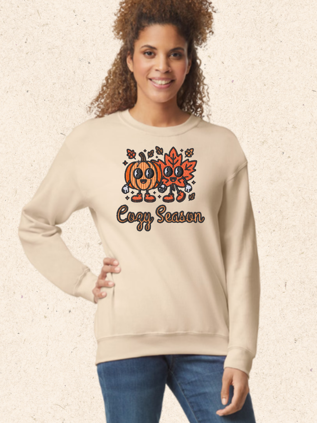 Pumpkin & Maple Leaf Cozy Season Embroidery – Fall Tan Sweatshirt